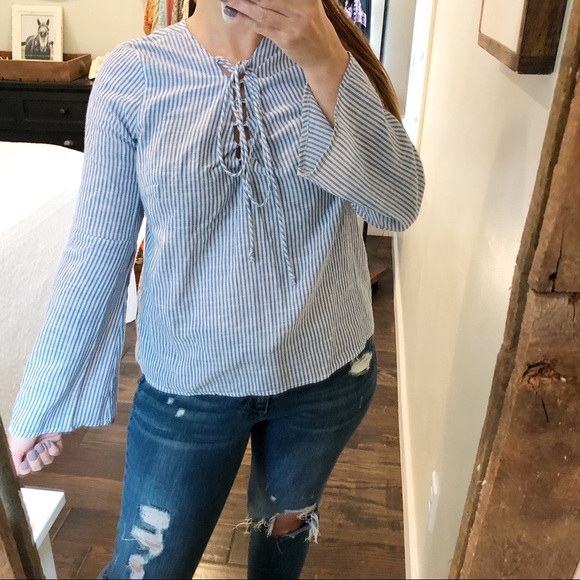 Wet Seal medium blue striped cotton lace up top - Picture 1 of 5
